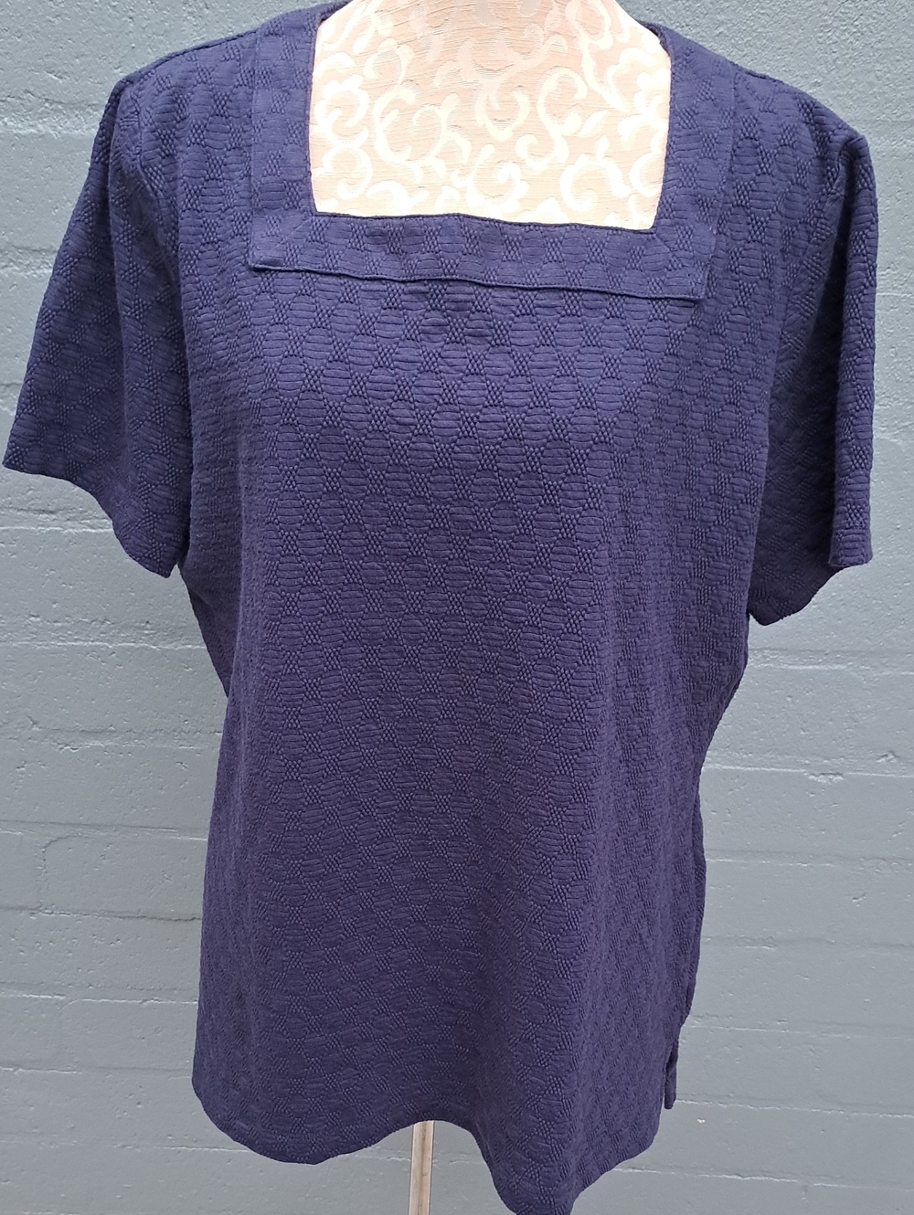 Kim Rogers Navy Textured Square-Neck Short Sleeve Top